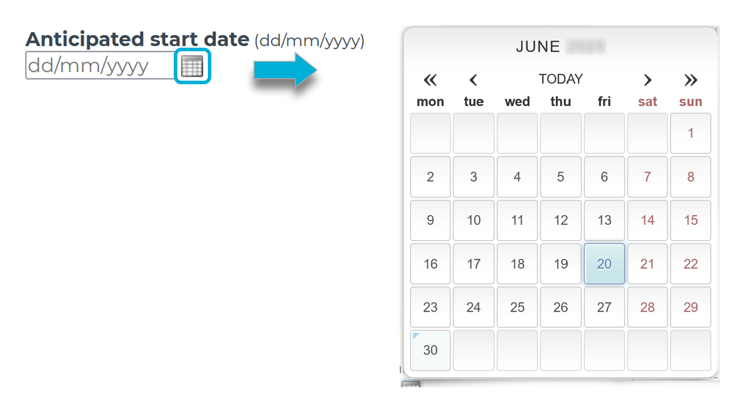 An example screenshot of a question in a form that a date response is expected for. The image explains to select the calendar icon, then a calendar window will appear to select a date.
