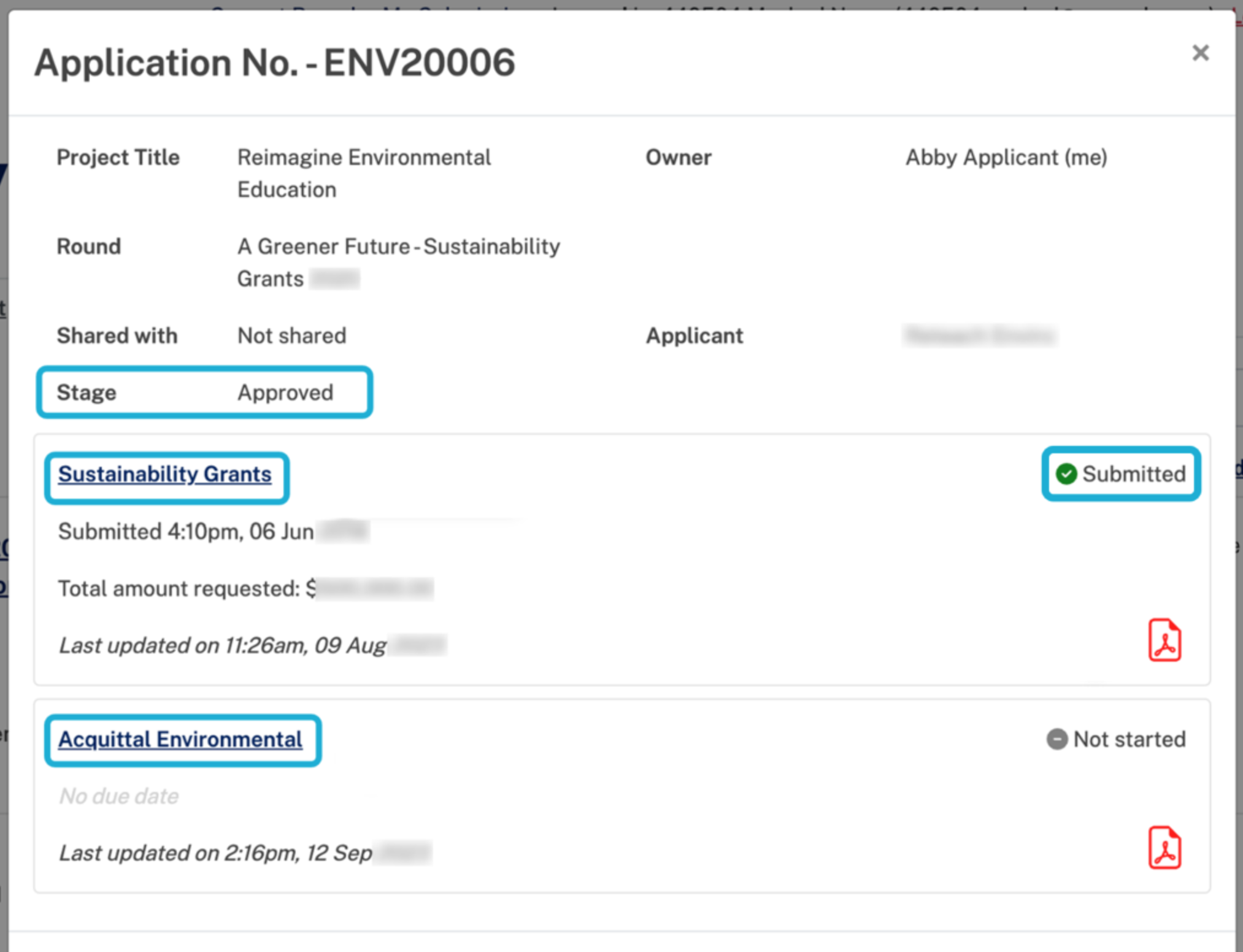 screenshot of the pop-up window, highlighting where to find status, stage and forms