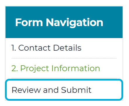 A screenshot of the Form Navigation box found on either the left or right-hand side of a form. The 'Review and Submit' option is highlighted.