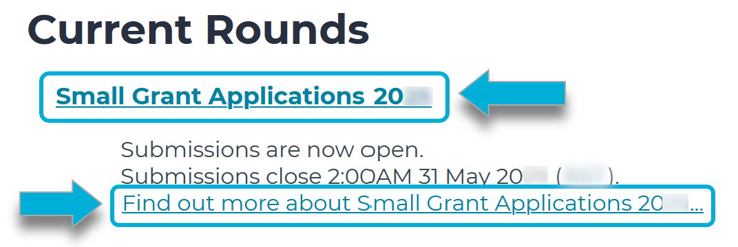 An example screenshot of a funder's home page. Under the Current Rounds header, arrows point to the name of the round and a link to find out more about the round.