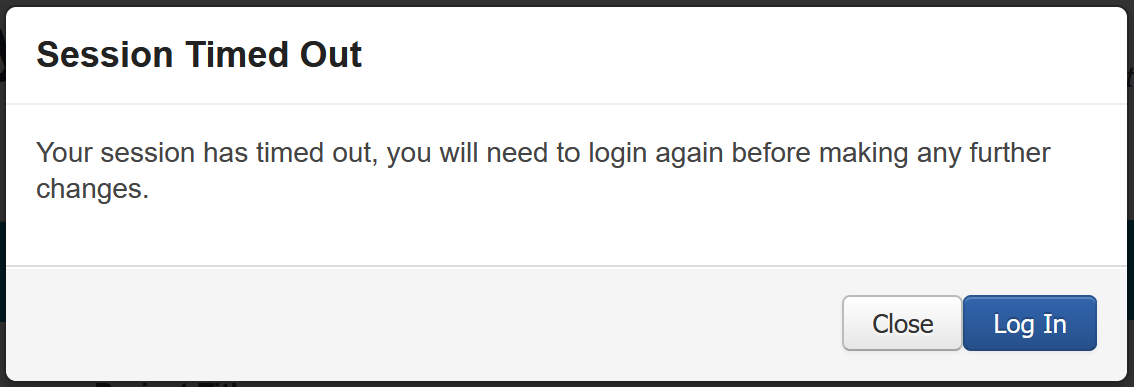 A screenshot of the 'Session Timed Out' window. The text in the window indicates that the session has timed out, and to select Log In to resume.