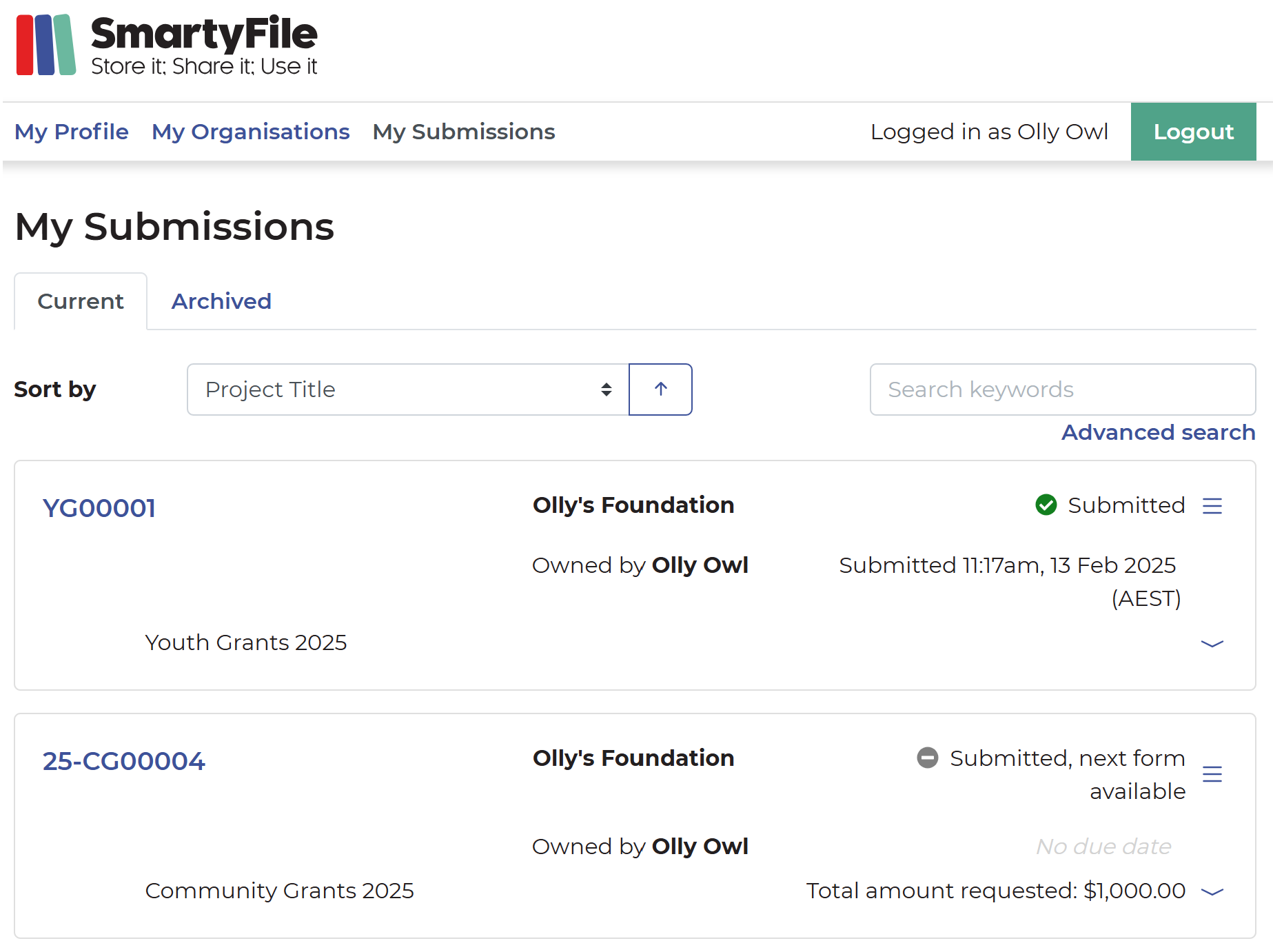A screenshot showing the SmartyFile 'My Submissions' page. This page shows where an applicant can see multiple applications from different funders at once.