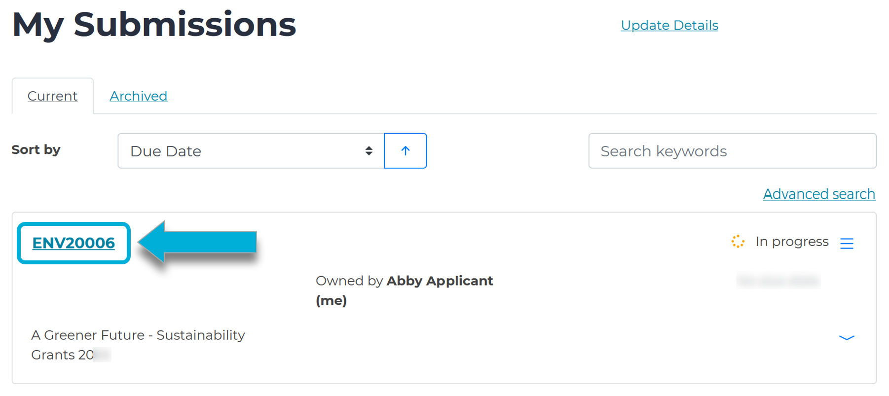 An image of the My Submissions page. An arrow points to the Application ID on the top-left hand side of an application record.