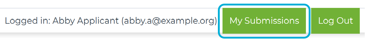 An example screenshot of the top of an application page. In the screenshot, next to the logged in user's name and email, the 'My Submissions' button is highlighted.