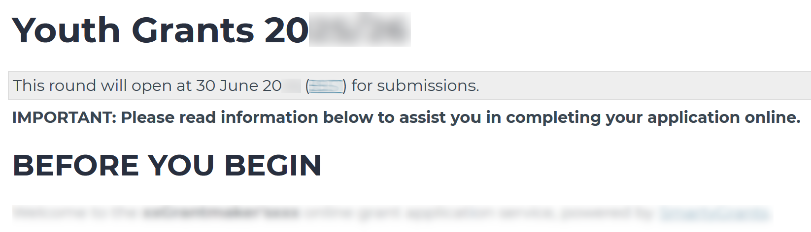 An example screenshot of the top of a round page. In this example, the round is upcoming, and there are no options to preview or download the form shown.