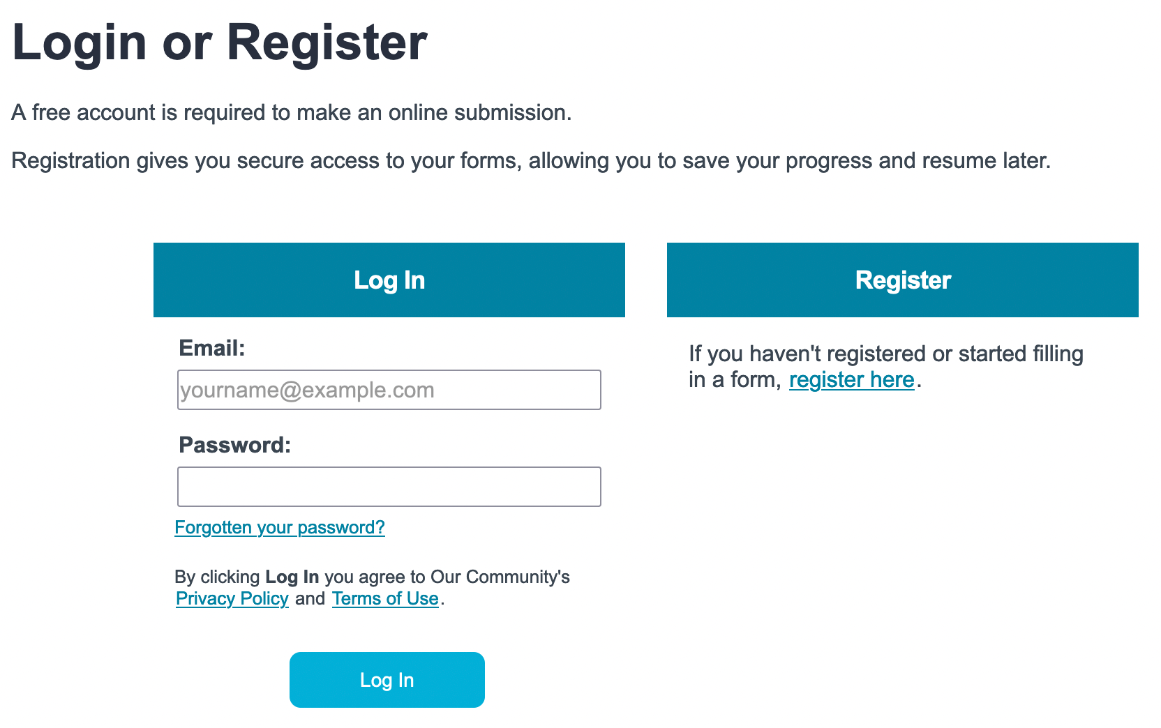 An image of the login page. Two options are shown - on the left, Log In, and on the right, Register.