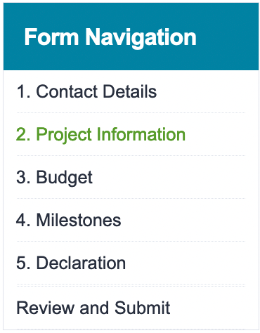 A screenshot of the Form Navigation box found on either the left or right-hand side of a form. It lists out the page names from an example application form.