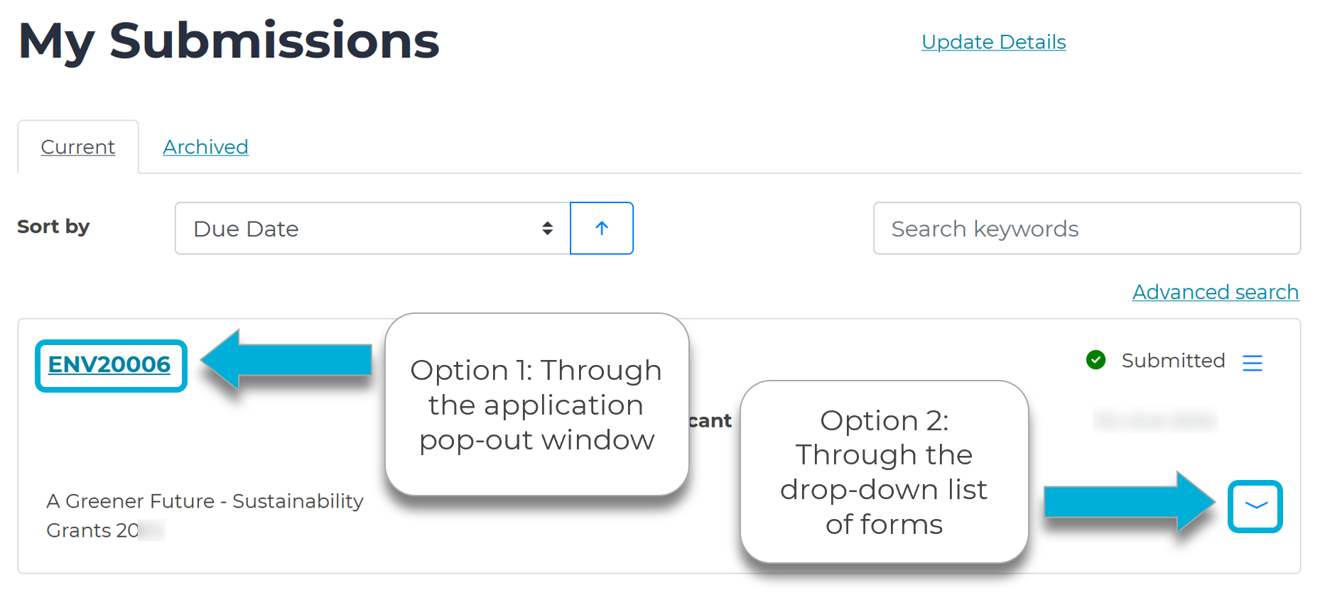 An image of the My Submissions page. In the Application record, an arrow points to the Application ID on the top-left hand side, and another arrow points to the drop-down arrow in the bottom-right hand corner.