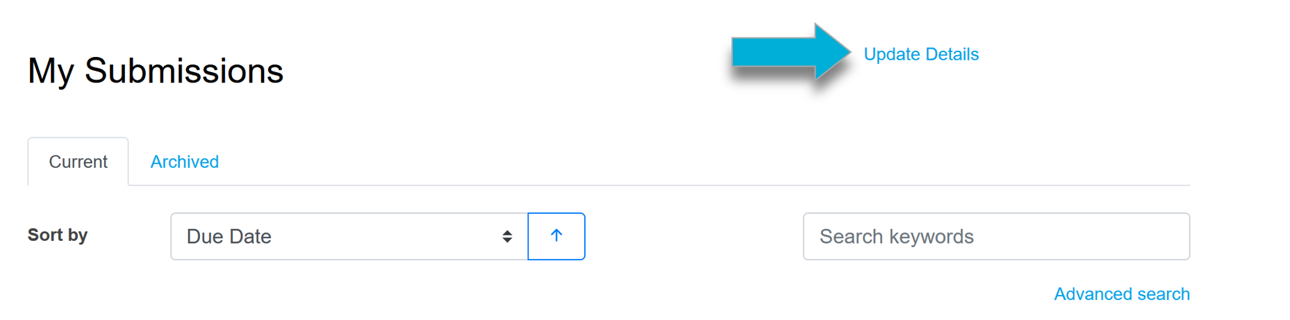 A screenshot of the My Submissions page with an arrow pointing to the words Update Details.