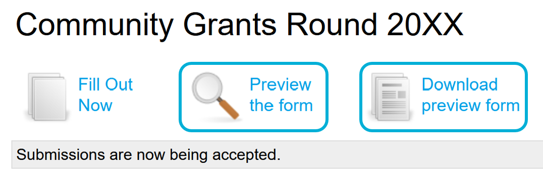 An example screenshot of the top of a round page. The buttons 'preview the form' and 'download preview form' are shown as reference.