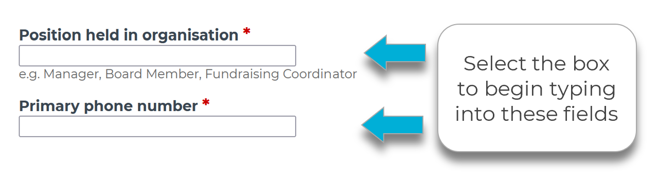 An example screenshot of questions in a form that a text response is expected for. The image explains to select the box to begin entering in text.